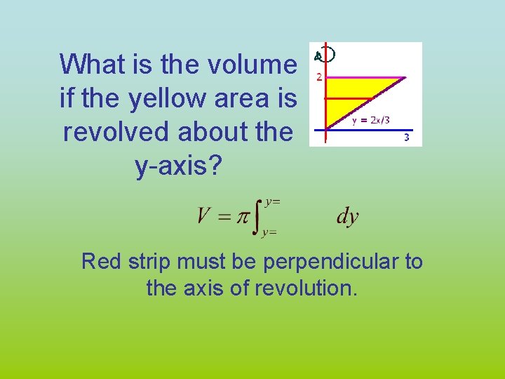 What is the volume if the yellow area is revolved about the y-axis? Red