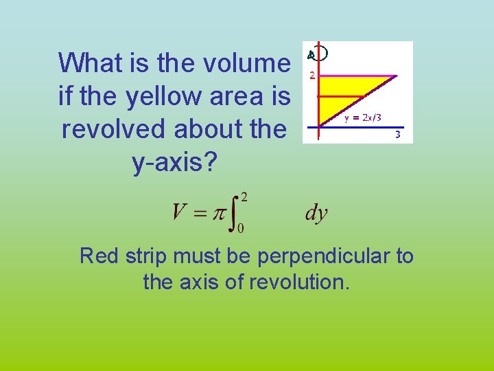 What is the volume if the yellow area is revolved about the y-axis? Red