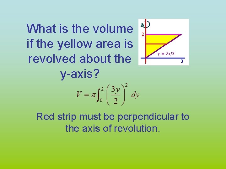 What is the volume if the yellow area is revolved about the y-axis? Red