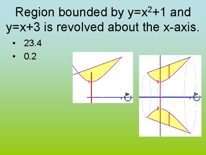 2 y=x +1 Region bounded by and y=x+3 is revolved about the x-axis. •