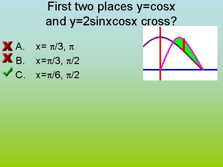 A. B. C. First two places y=cosx and y=2 sinxcosx cross? ] x= p/3,