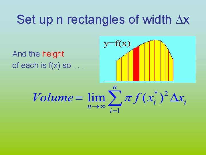 Set up n rectangles of width Dx And the height of each is f(x)