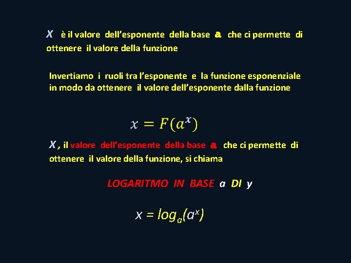 X è il valore dell’esponente della base a che ci permette di ottenere il X è il valore dell’esponente della base a che ci permette di ottenere il