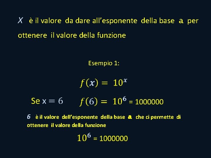 X è il valore da dare all’esponente della base a per ottenere il valore X è il valore da dare all’esponente della base a per ottenere il valore