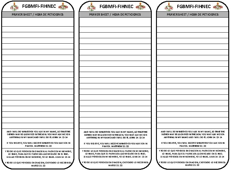 FGBMFI-FIHNEC PRAYER SHEET / HOJA DE PETICIONES AND I WILL DO WHATEVER YOU ASK