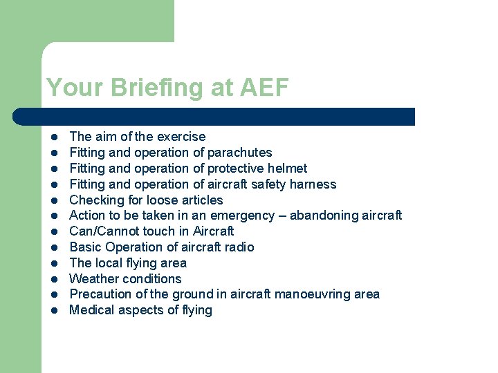 Your Briefing at AEF l l l The aim of the exercise Fitting and