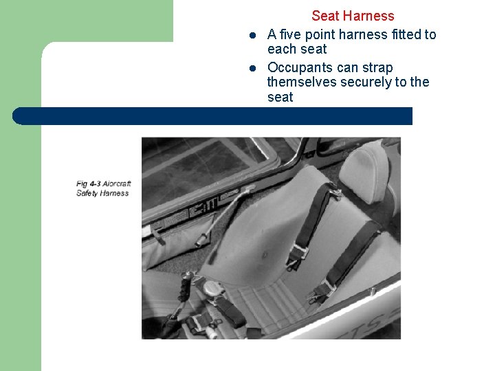 l l Seat Harness A five point harness fitted to each seat Occupants can