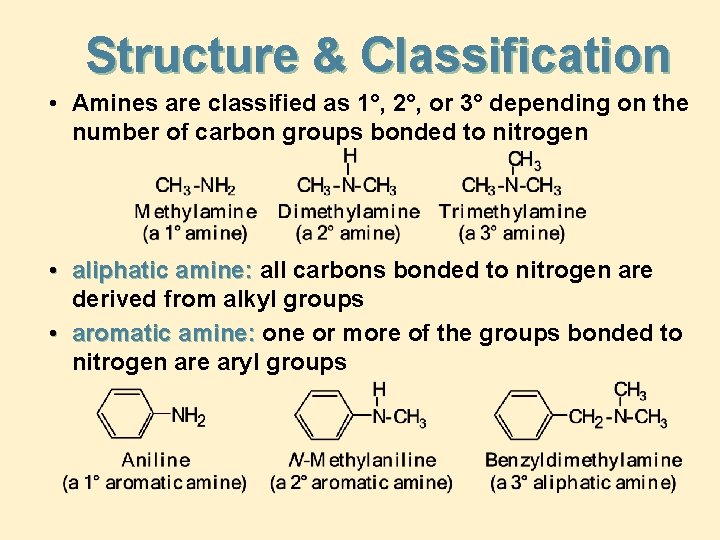 Structure & Classification • Amines are classified as 1°, 2°, or 3° depending on