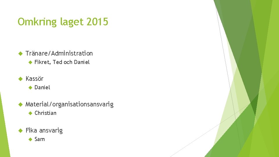 Omkring laget 2015 Tränare/Administration Kassör Daniel Material/organisationsansvarig Fikret, Ted och Daniel Christian Fika ansvarig