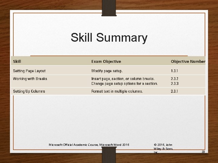 Skill Summary Microsoft Official Academic Course, Microsoft Word 2016 © 2016, John Wiley &