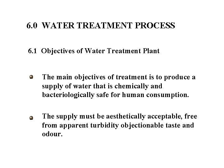 6. 0 WATER TREATMENT PROCESS 6. 1 Objectives of Water Treatment Plant The main