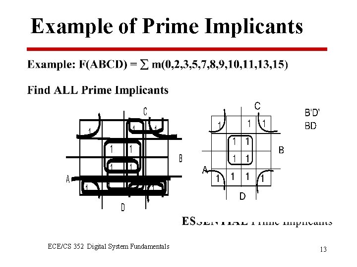 Example of Prime Implicants ECE/CS 352 Digital System Fundamentals 13 