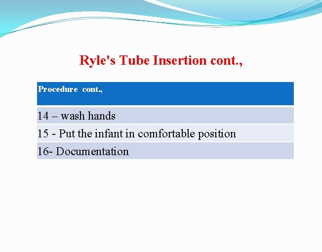 Ryle's Tube Insertion cont. , Procedure cont. , 14 – wash hands 15 -