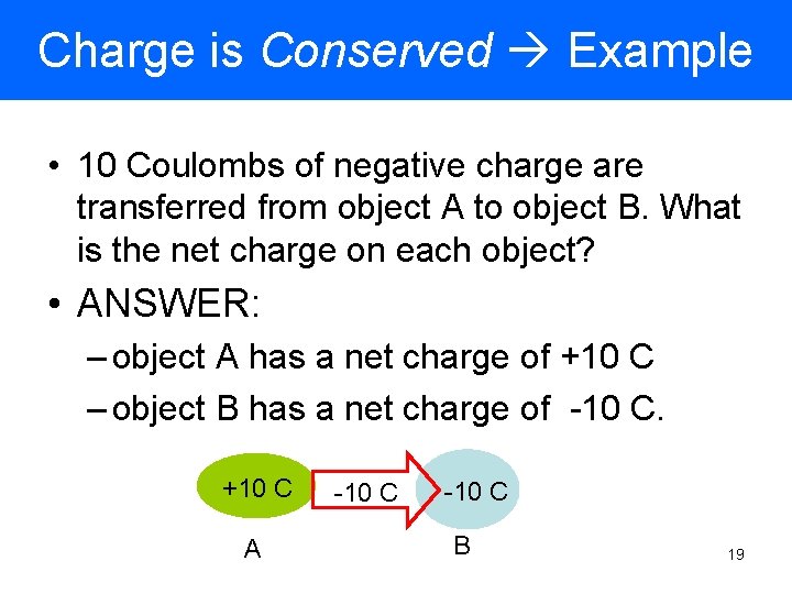 Charge is Conserved Example • 10 Coulombs of negative charge are transferred from object