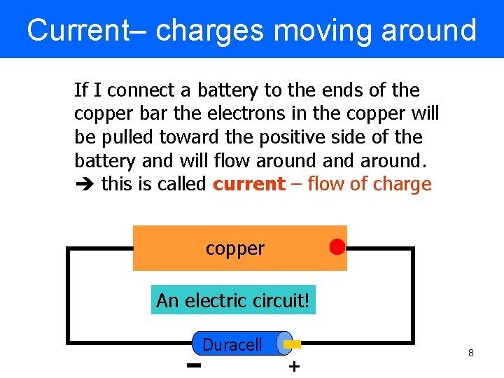 Current– charges moving around If I connect a battery to the ends of the