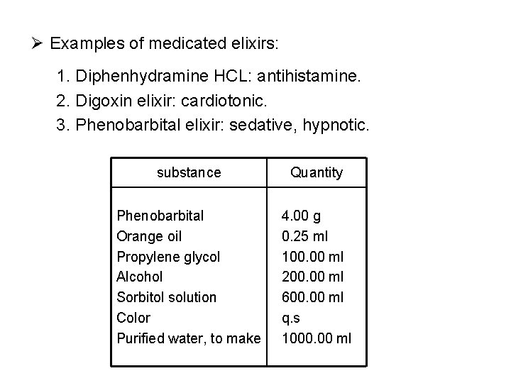 Ø Examples of medicated elixirs: 1. Diphenhydramine HCL: antihistamine. 2. Digoxin elixir: cardiotonic. 3.