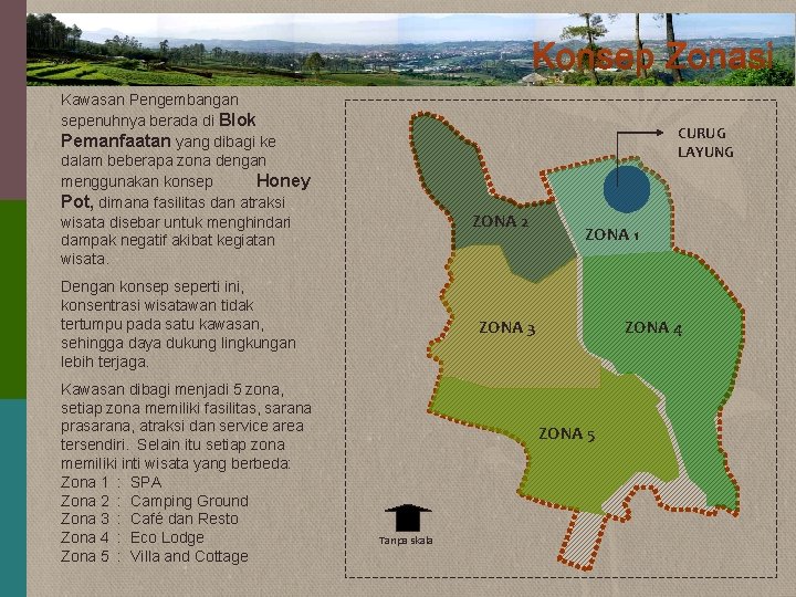 Konsep Zonasi Kawasan Pengembangan sepenuhnya berada di Blok Pemanfaatan yang dibagi ke dalam beberapa