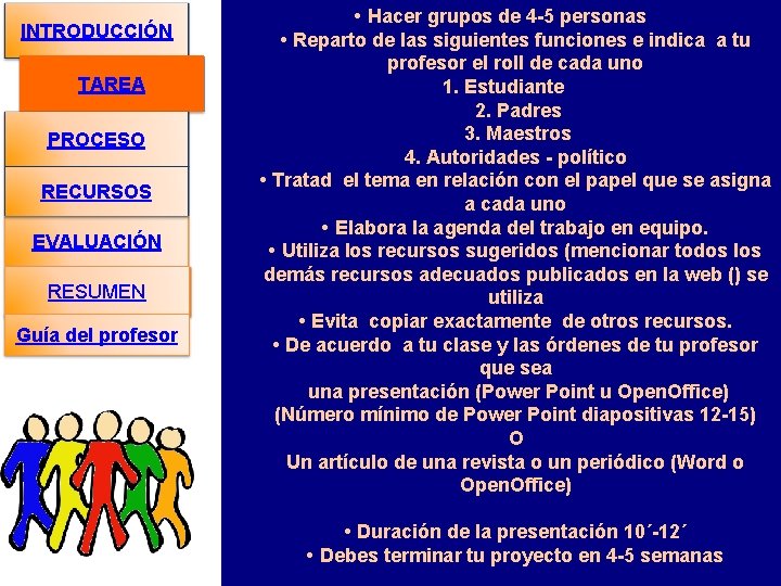 INTRODUCCIÓN TAREA PROCESO RECURSOS EVALUACIÓN SUMMARY RESUMEN Guía del profesor • Hacer grupos de