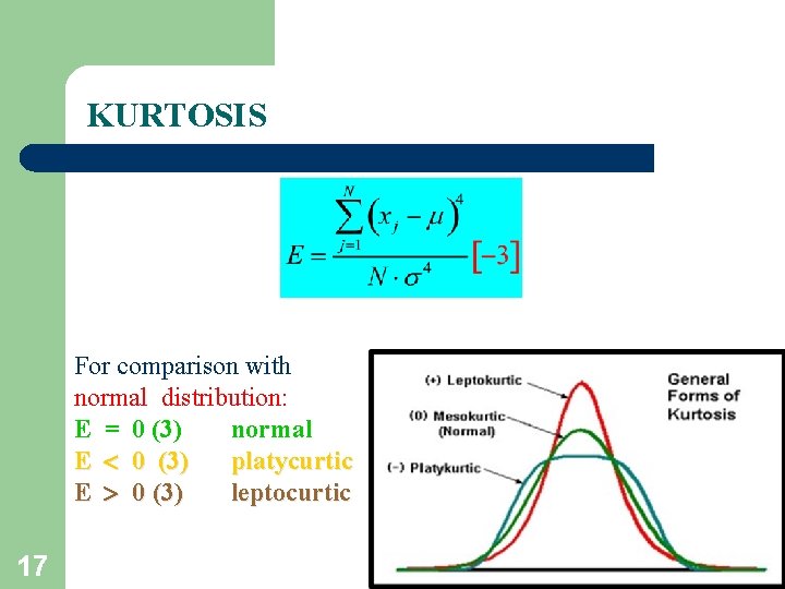 KURTOSIS For comparison with normal distribution: E = 0 (3) normal E 0 (3)