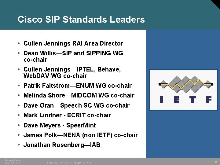 Cisco SIP Standards Leaders • Cullen Jennings RAI Area Director • Dean Willis—SIP and Cisco SIP Standards Leaders • Cullen Jennings RAI Area Director • Dean Willis—SIP and