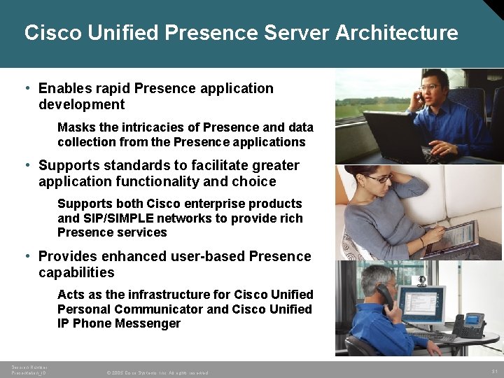Cisco Unified Presence Server Architecture • Enables rapid Presence application development Masks the intricacies