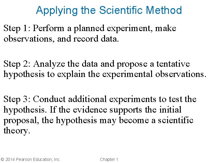 Applying the Scientific Method Step 1: Perform a planned experiment, make observations, and record Applying the Scientific Method Step 1: Perform a planned experiment, make observations, and record