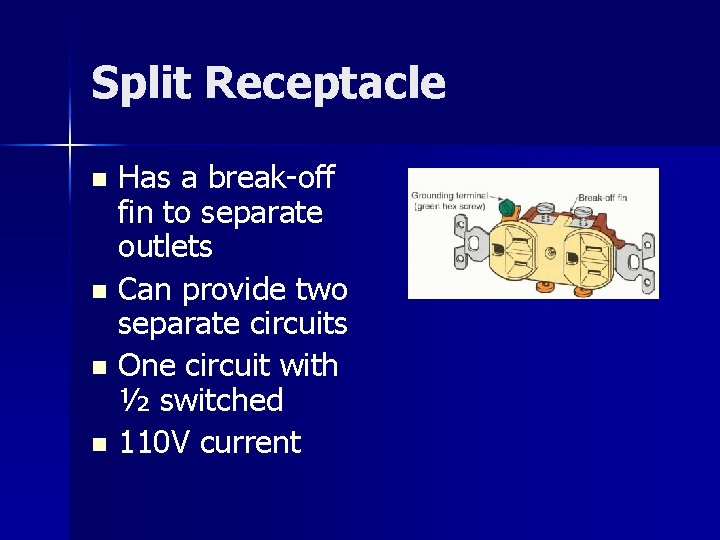Split Receptacle Has a break-off fin to separate outlets n Can provide two separate