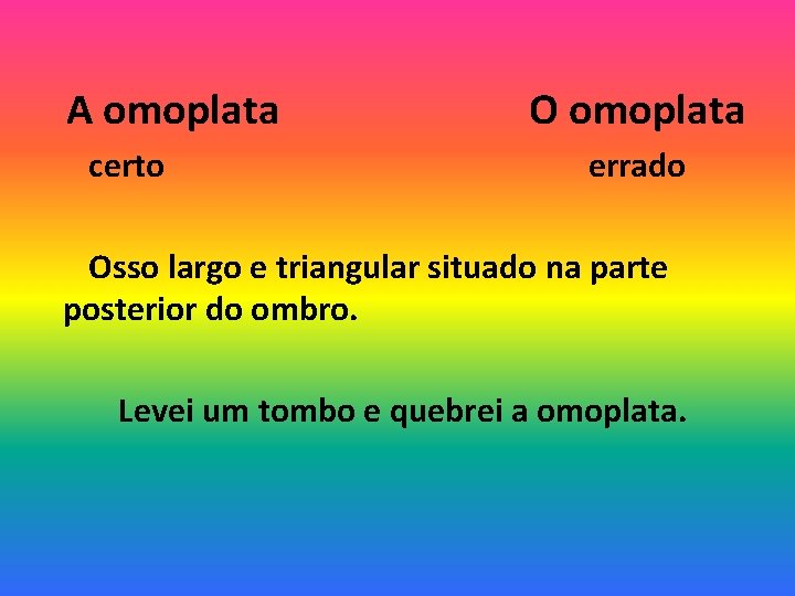 A omoplata certo O omoplata errado Osso largo e triangular situado na parte posterior