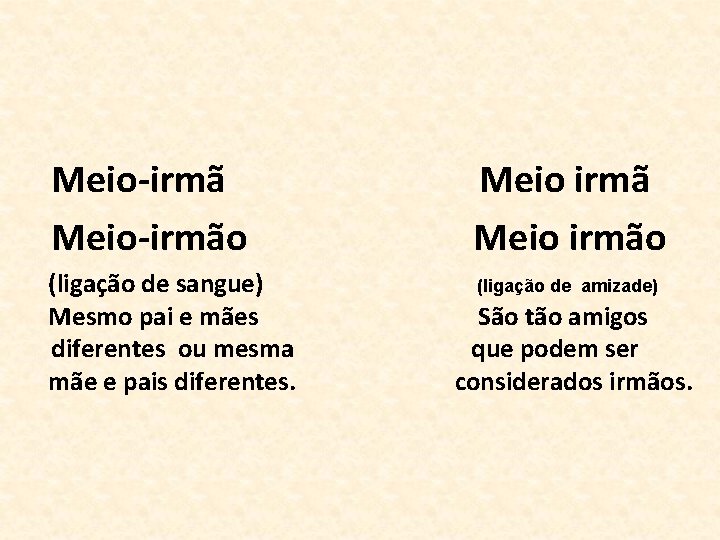 Meio-irmão (ligação de sangue) Mesmo pai e mães diferentes ou mesma mãe e pais