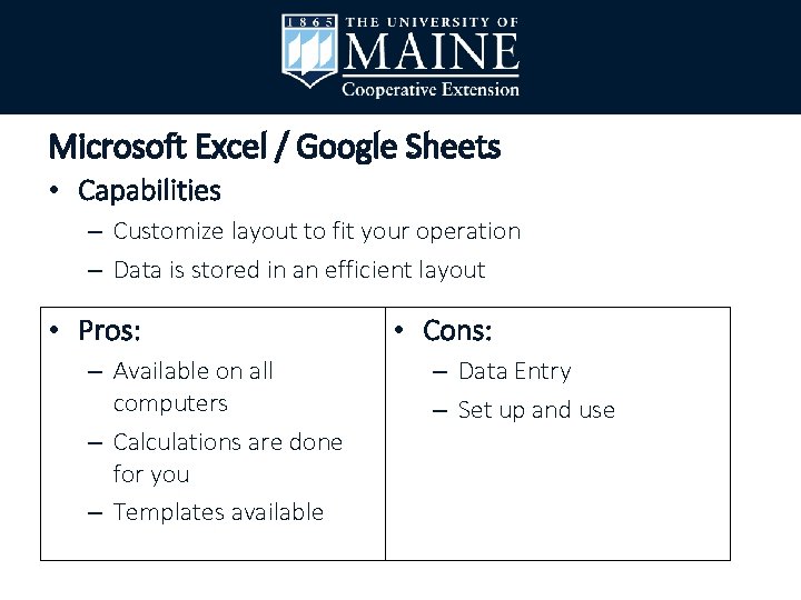 Microsoft Excel / Google Sheets • Capabilities – Customize layout to fit your operation