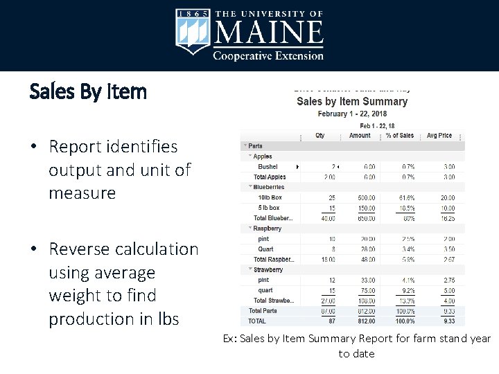Sales By Item • Report identifies output and unit of measure • Reverse calculation