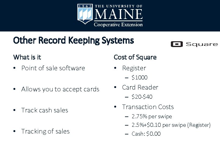 Other Record Keeping Systems What is it Cost of Square • Point of sale