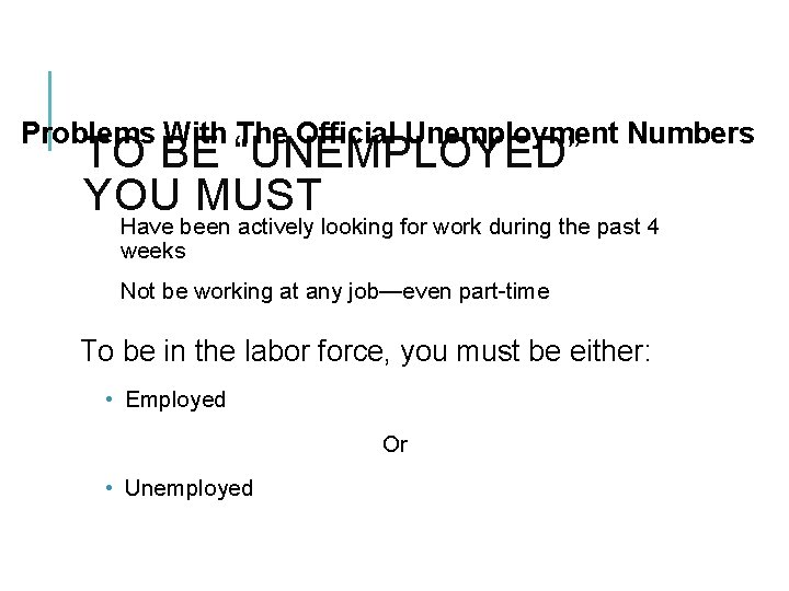Problems With The Official Unemployment Numbers TO BE “UNEMPLOYED” YOU MUST Have been actively