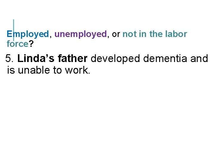 Employed, unemployed, or not in the labor force? 5. Linda’s father developed dementia and