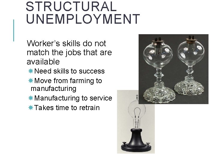 STRUCTURAL UNEMPLOYMENT Worker’s skills do not match the jobs that are available Need skills