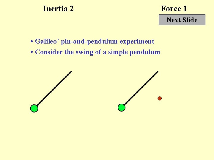 Inertia 2 Force 1 Next Slide • Galileo’ pin-and-pendulum experiment • Consider the swing