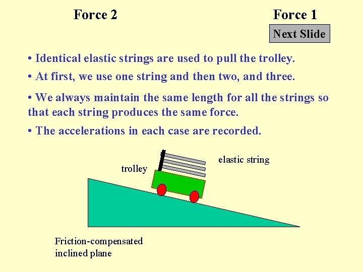 Force 2 Force 1 Next Slide • Identical elastic strings are used to pull