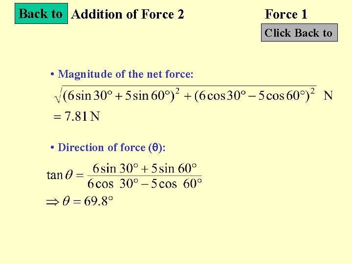 Back to Addition of Force 2 Force 1 Click Back to • Magnitude of