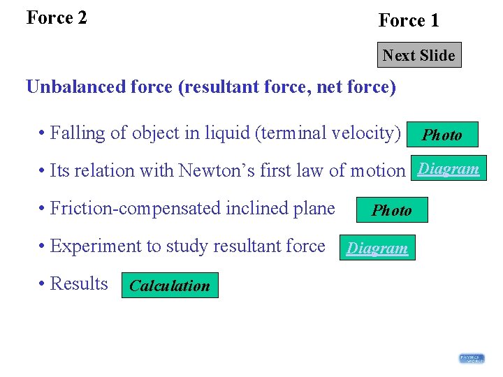 Force 2 Force 1 Next Slide Unbalanced force (resultant force, net force) • Falling