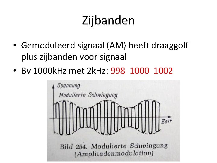 Zijbanden • Gemoduleerd signaal (AM) heeft draaggolf plus zijbanden voor signaal • Bv 1000
