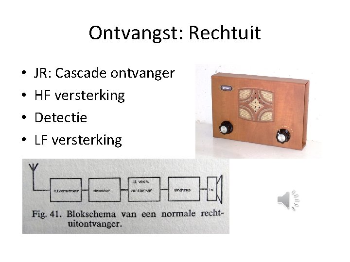 Ontvangst: Rechtuit • • JR: Cascade ontvanger HF versterking Detectie LF versterking 