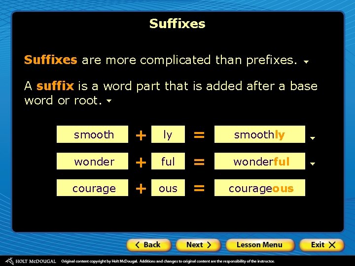 Suffixes are more complicated than prefixes. A suffix is a word part that is