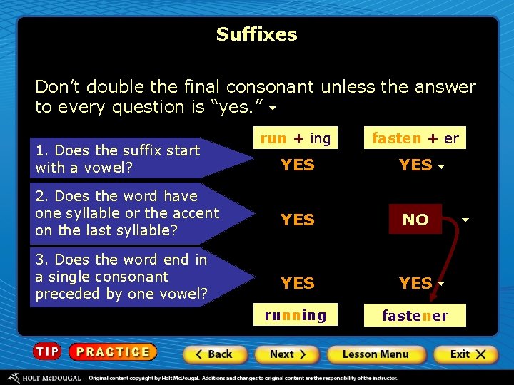 Suffixes Don’t double the final consonant unless the answer to every question is “yes.
