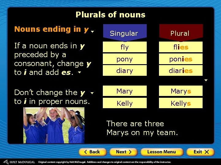 Plurals of nouns Nouns ending in y If a noun ends in y preceded