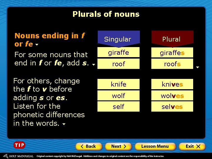 Plurals of nouns Nouns ending in f or fe For some nouns that end