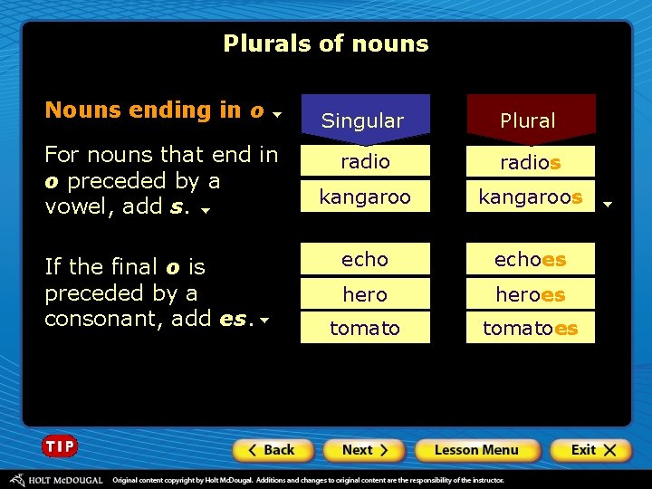 Plurals of nouns Nouns ending in o For nouns that end in o preceded