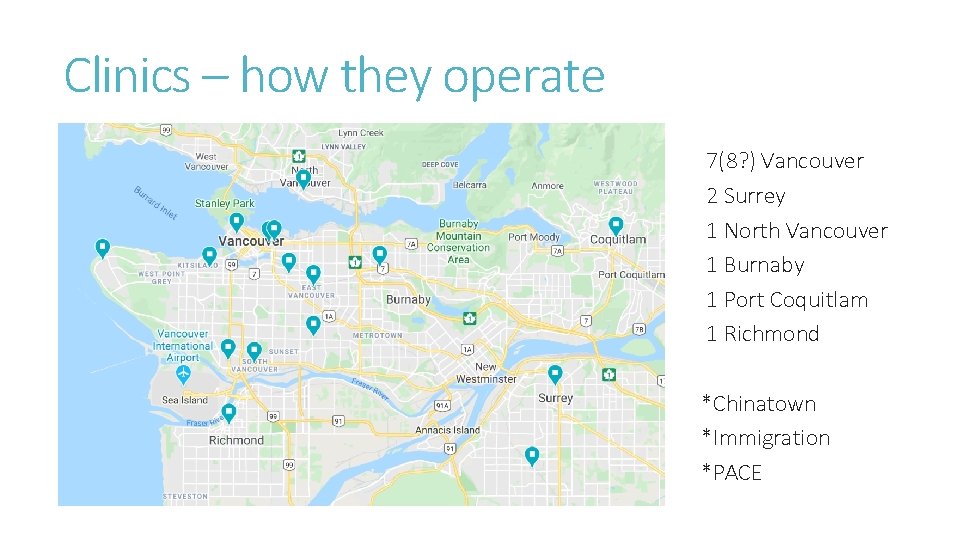 Clinics – how they operate 7(8? ) Vancouver 2 Surrey 1 North Vancouver 1 Clinics – how they operate 7(8? ) Vancouver 2 Surrey 1 North Vancouver 1
