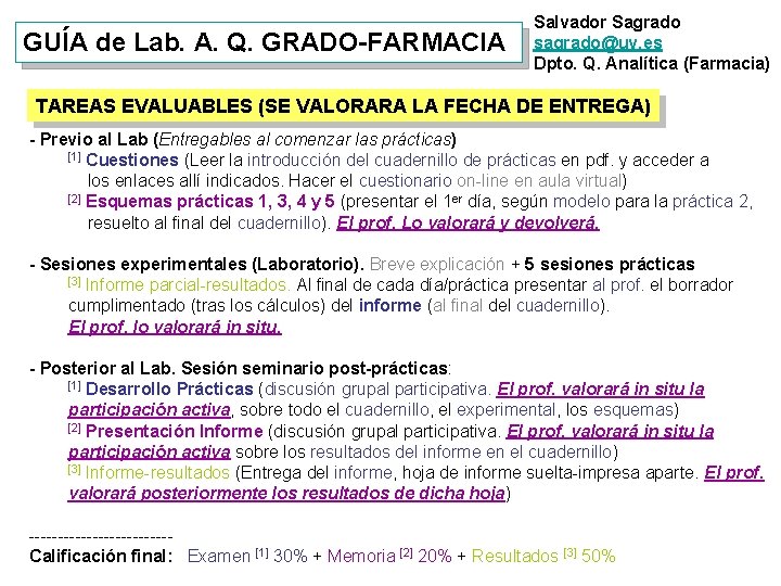 GUÍA de Lab. A. Q. GRADO-FARMACIA Salvador Sagrado sagrado@uv. es Dpto. Q. Analítica (Farmacia)