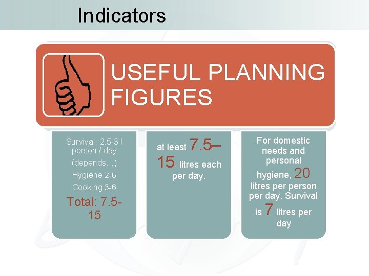 Indicators USEFUL PLANNING FIGURES Survival: 2. 5 -3 l person / day (depends…) Hygiene