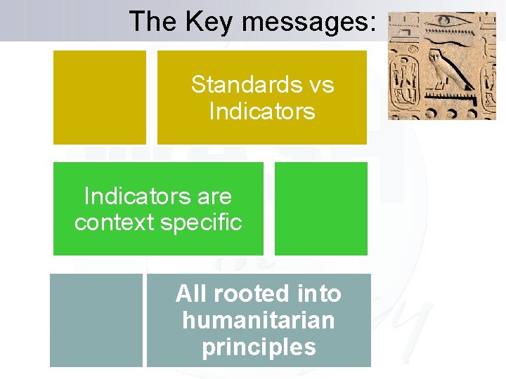 The Key messages: Standards vs Indicators are context specific All rooted into humanitarian principles